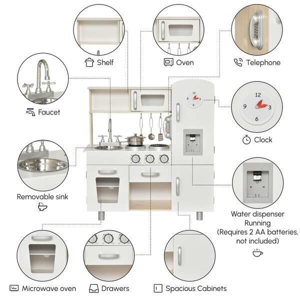 HOMCOM Kids Kitchen Playset Luxury Kitchen Accessories Set Pretend Cooking Set with Telephone Ice Machine, White Aosom UK