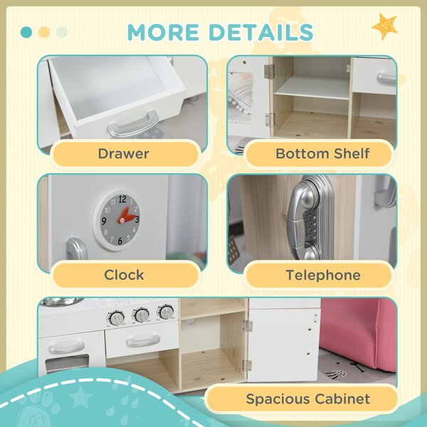 HOMCOM Kids Kitchen Playset Luxury Kitchen Accessories Set Pretend Cooking Set with Telephone Ice Machine, White Aosom UK