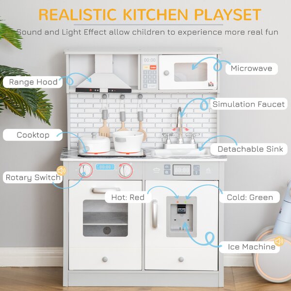 HOMCOM Kids Kitchen Play Cooking Toy Set, Educational Pretend Role Playset Game w/ Sound & Light Effect, Battery Operated Cooktop Aosom UK