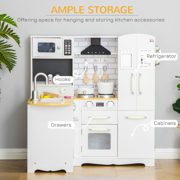 HOMCOM Kids Wooden Kitchen, Large Pretend Role Play Kitchen w/ Realistic Refrigerator, Microwave, Oven, Range Hood, Sink, Telephone Aosom UK