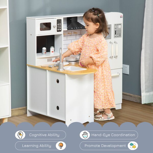 HOMCOM Kids Wooden Kitchen, Large Pretend Role Play Kitchen w/ Realistic Refrigerator, Microwave, Oven, Range Hood, Sink, Telephone Aosom UK
