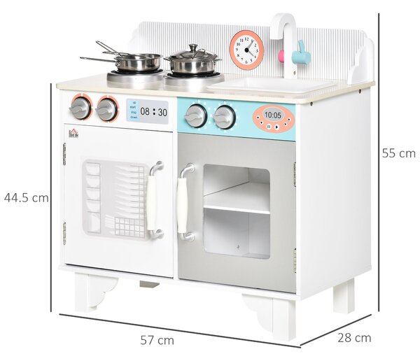 HOMCOM Kids Wooden Toy Kitchen Play Cooking Set Pretend Role Playset, with Sink Faucet, Cooking Bench, Stainless Steel Pot for 3-6 Years