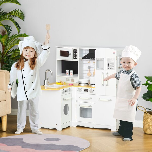 HOMCOM Kids Wooden Kitchen, Large Pretend Role Play Kitchen w/ Realistic Refrigerator, Microwave, Oven, Range Hood, Sink, Telephone Aosom UK
