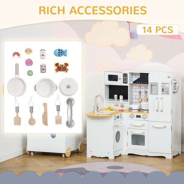 HOMCOM Kids Wooden Kitchen, Large Pretend Role Play Kitchen w/ Realistic Refrigerator, Microwave, Oven, Range Hood, Sink, Telephone Aosom UK
