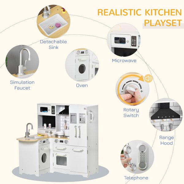 HOMCOM Kids Wooden Kitchen, Large Pretend Role Play Kitchen w/ Realistic Refrigerator, Microwave, Oven, Range Hood, Sink, Telephone Aosom UK