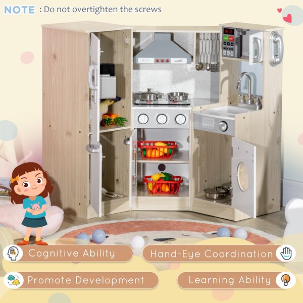 HOMCOM Interactive Wooden Play Kitchen for Children, Pretend Play Set with Sounds, Lights, Phone, Microwave, Fridge, Ice Maker Aosom UK
