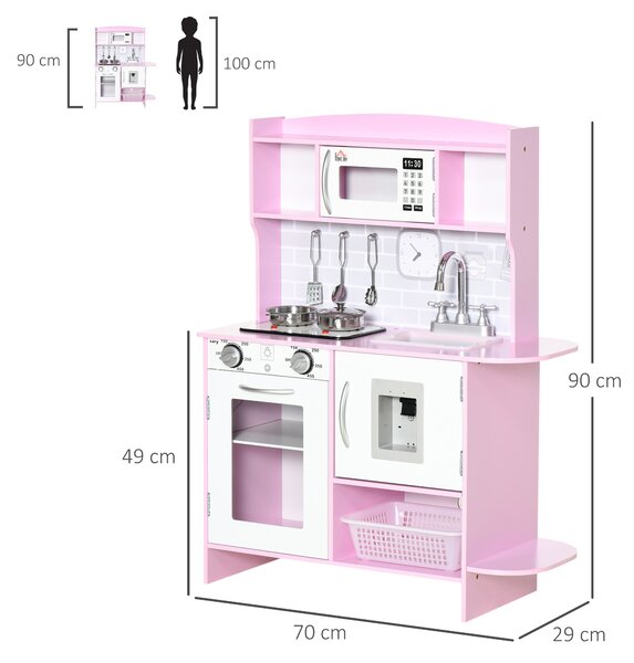 HOMCOM Wooden Play Kitchen with Lights Sounds, Kids Kitchen Playset with Water Dispenser, Microwave, Utensils, Sink, Gift for 3-6 Years Old, Pink