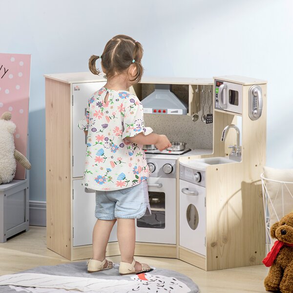 HOMCOM Interactive Wooden Play Kitchen for Children, Pretend Play Set with Sounds, Lights, Phone, Microwave, Fridge, Ice Maker Aosom UK
