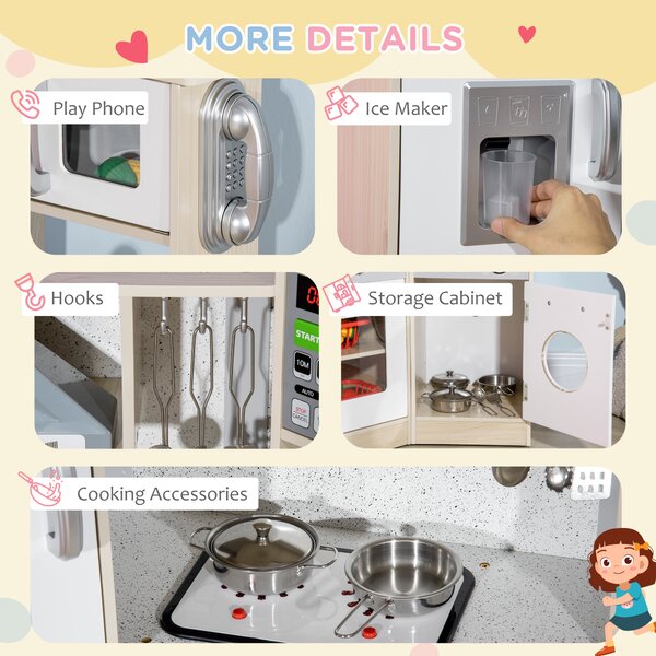 HOMCOM Interactive Wooden Play Kitchen for Children, Pretend Play Set with Sounds, Lights, Phone, Microwave, Fridge, Ice Maker Aosom UK
