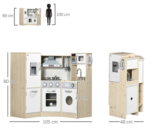 HOMCOM Interactive Wooden Play Kitchen for Children, Pretend Play Set with Sounds, Lights, Phone, Microwave, Fridge, Ice Maker Aosom UK