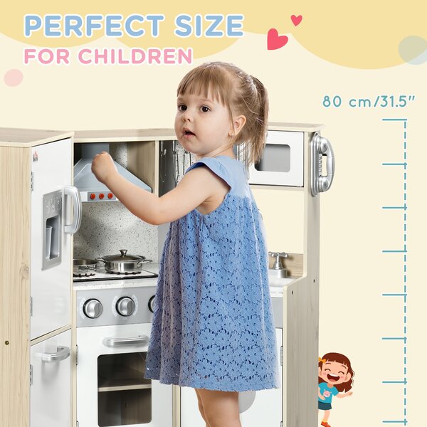 HOMCOM Interactive Wooden Play Kitchen for Children, Pretend Play Set with Sounds, Lights, Phone, Microwave, Fridge, Ice Maker Aosom UK