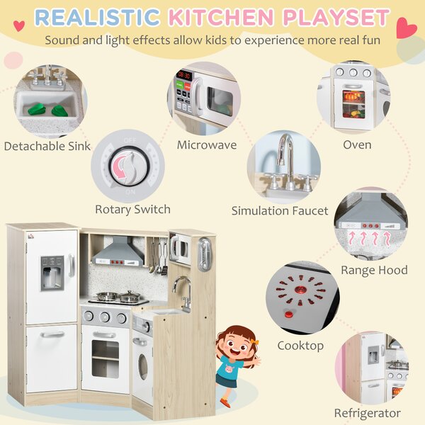 HOMCOM Interactive Wooden Play Kitchen for Children, Pretend Play Set with Sounds, Lights, Phone, Microwave, Fridge, Ice Maker Aosom UK