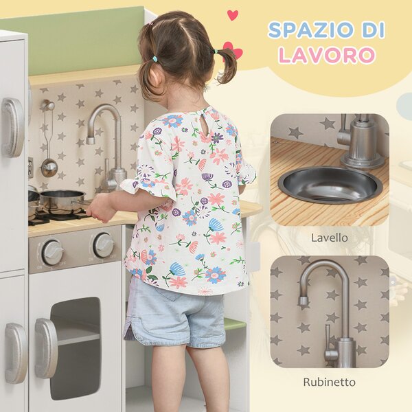 AIYAPLAY Toy Kitchen, Kids Play Kitchen Role Playing Game with Phone, Ice Maker, Stove, Sink, Utensils, for 3-6 Years, White Aosom UK