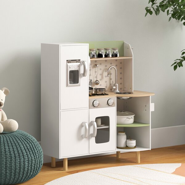 AIYAPLAY Toy Kitchen, Kids Play Kitchen Role Playing Game with Phone, Ice Maker, Stove, Sink, Utensils, for 3-6 Years, White Aosom UK