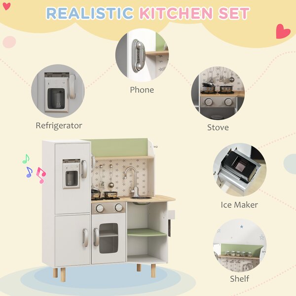 AIYAPLAY Toy Kitchen, Kids Play Kitchen Role Playing Game with Phone, Ice Maker, Stove, Sink, Utensils, for 3-6 Years, White Aosom UK