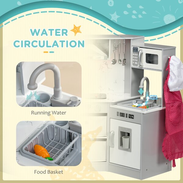 AIYAPLAY Toy Kitchen with Running Water, Lights Sounds, Apron and Chef Hat, Water Dispenser, for 3-6 Years Old - Grey Aosom UK