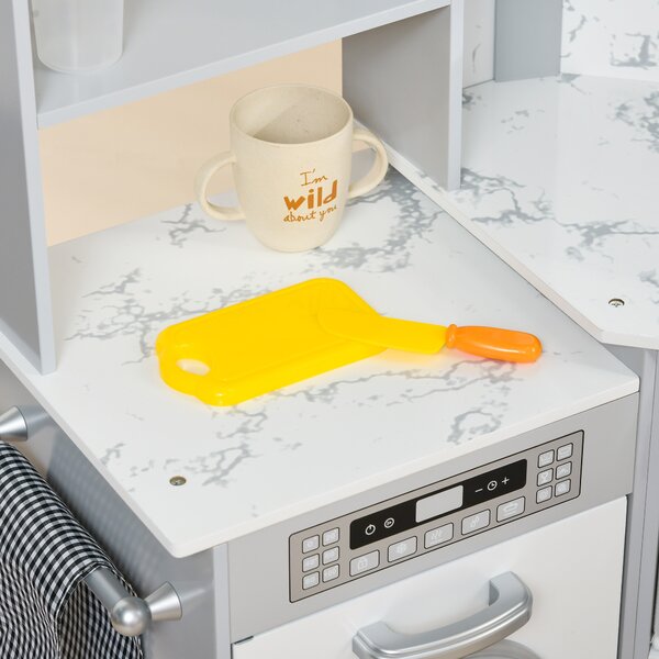 AIYAPLAY Toy Kitchen with Running Water, Lights Sounds, Apron and Chef Hat, Water Dispenser, for 3-6 Years Old - Grey Aosom UK