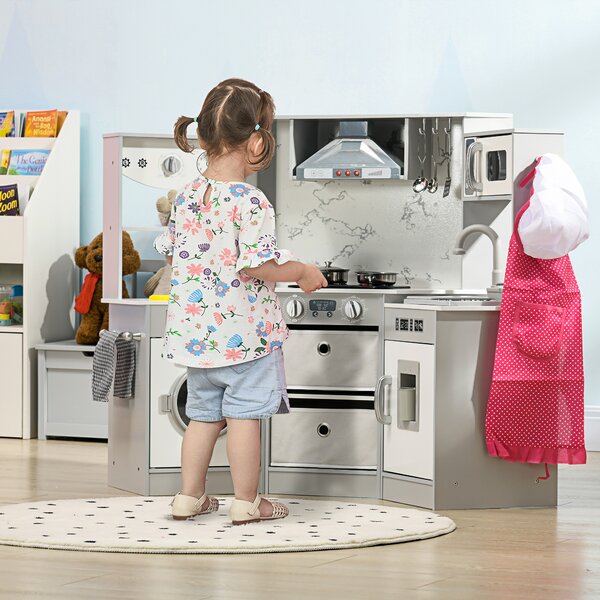 AIYAPLAY Toy Kitchen with Running Water, Lights Sounds, Apron and Chef Hat, Water Dispenser, for 3-6 Years Old - Grey Aosom UK