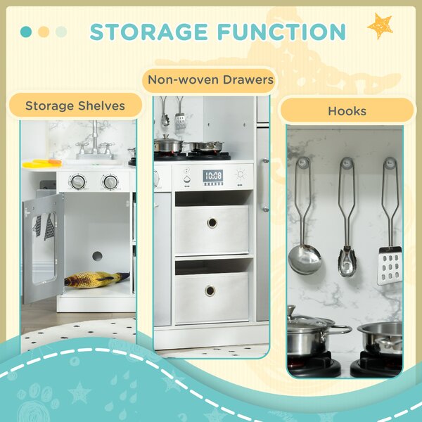 AIYAPLAY Toy Kitchen with Lights Sounds, Apron and Chef Hat, Ice Maker, Microwave, for 3-6 Years Old - White Aosom UK