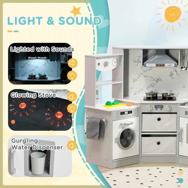 AIYAPLAY Toy Kitchen with Running Water, Lights Sounds, Apron and Chef Hat, Water Dispenser, for 3-6 Years Old - Grey Aosom UK