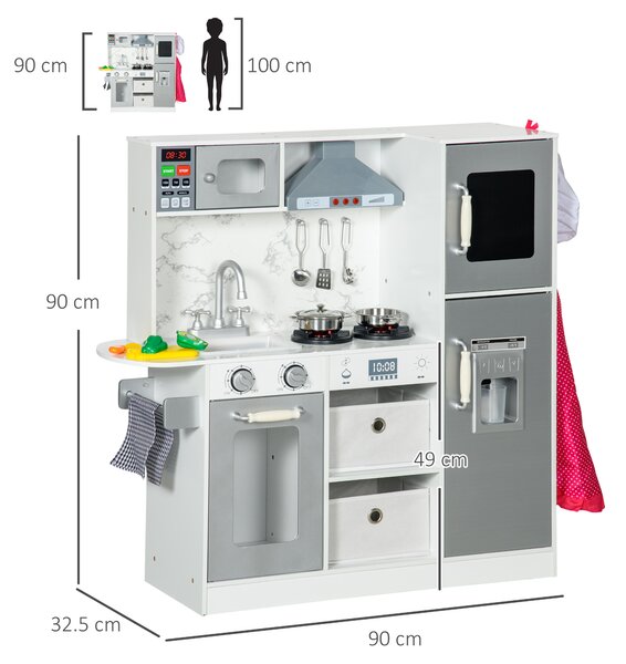 AIYAPLAY Toy Kitchen with Lights Sounds, Apron and Chef Hat, Ice Maker, Microwave, for 3-6 Years Old - White Aosom UK