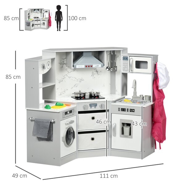 AIYAPLAY Toy Kitchen with Running Water, Lights Sounds, Apron and Chef Hat, Water Dispenser, for 3-6 Years Old - Grey Aosom UK