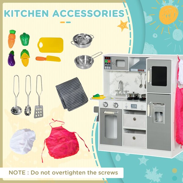 AIYAPLAY Toy Kitchen with Lights Sounds, Apron and Chef Hat, Ice Maker, Microwave, for 3-6 Years Old - White Aosom UK