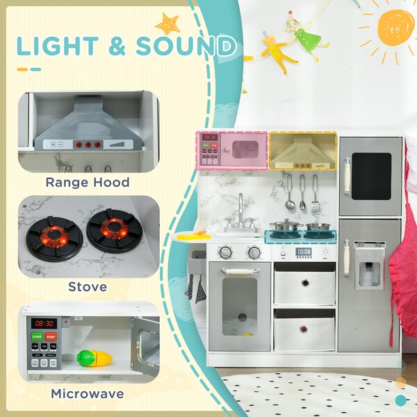 AIYAPLAY Toy Kitchen with Lights Sounds, Apron and Chef Hat, Ice Maker, Microwave, for 3-6 Years Old - White Aosom UK