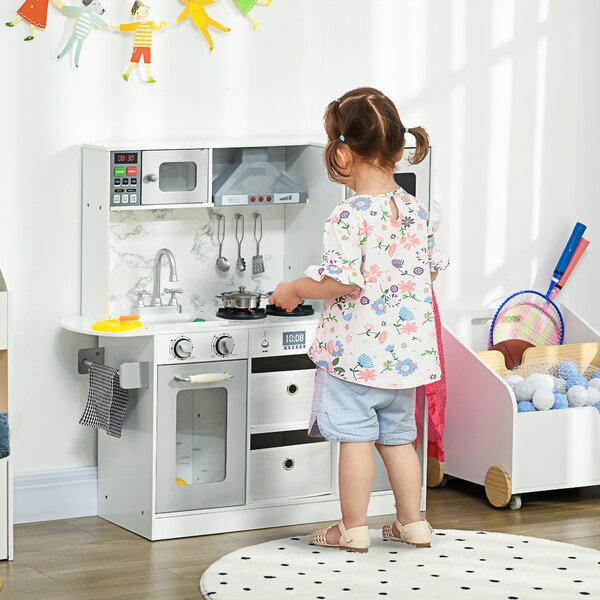 AIYAPLAY Toy Kitchen with Lights Sounds, Apron and Chef Hat, Ice Maker, Microwave, for 3-6 Years Old - White Aosom UK