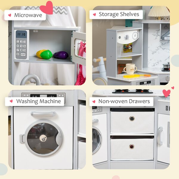 AIYAPLAY Toy Kitchen with Running Water, Lights Sounds, Apron and Chef Hat, Water Dispenser, for 3-6 Years Old - Grey Aosom UK