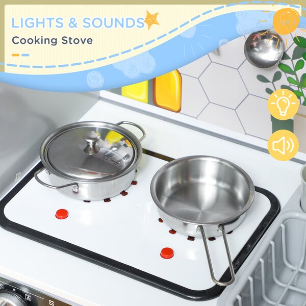 AIYAPLAY Pretend Play Toy Kitchen, Kids Kitchen Playset w/ Sounds and Lights Running Water, Coffee Maker, Refrigerator Aosom UK