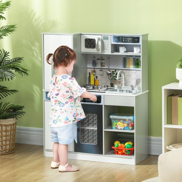AIYAPLAY Pretend Play Toy Kitchen, Kids Kitchen Playset w/ Sounds and Lights Running Water, Coffee Maker, Refrigerator Aosom UK