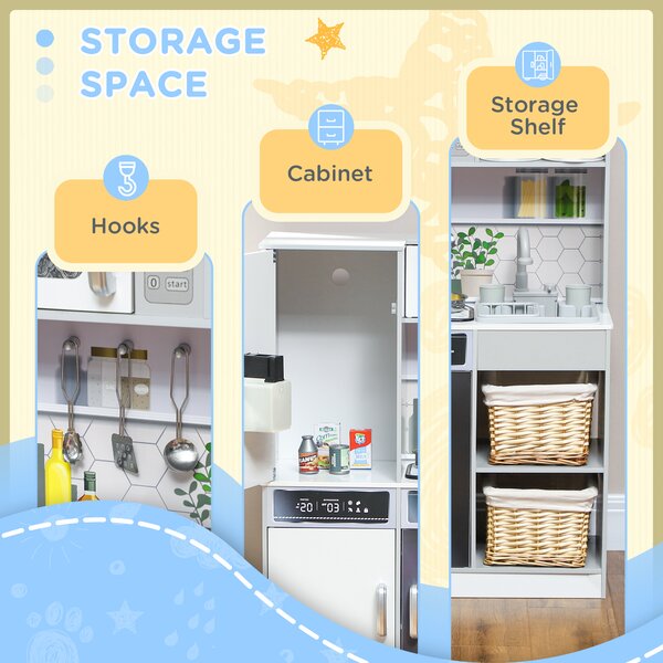 AIYAPLAY Pretend Play Toy Kitchen, Kids Kitchen Playset w/ Sounds and Lights Running Water, Coffee Maker, Refrigerator Aosom UK