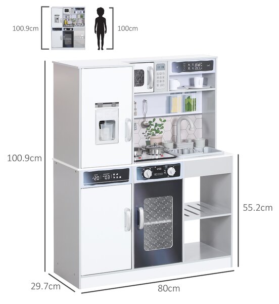 AIYAPLAY Pretend Play Toy Kitchen, Kids Kitchen Playset w/ Sounds and Lights Running Water, Coffee Maker, Refrigerator Aosom UK