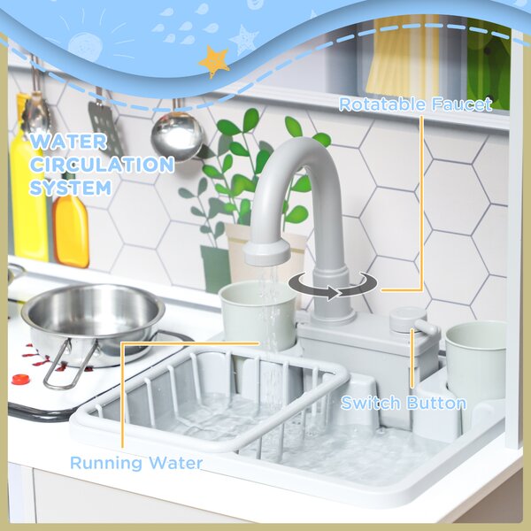 AIYAPLAY Pretend Play Toy Kitchen, Kids Kitchen Playset w/ Sounds and Lights Running Water, Coffee Maker, Refrigerator Aosom UK