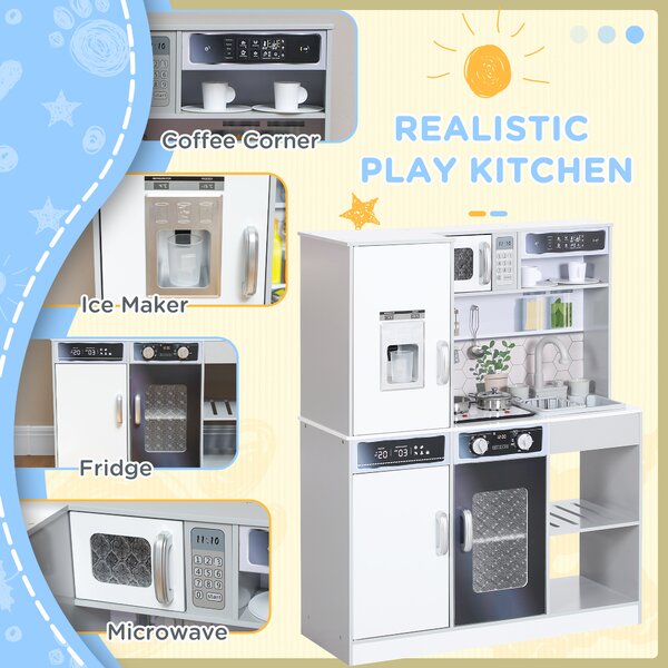 AIYAPLAY Pretend Play Toy Kitchen, Kids Kitchen Playset w/ Sounds and Lights Running Water, Coffee Maker, Refrigerator Aosom UK