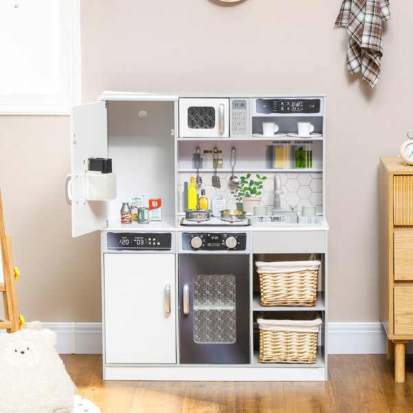 AIYAPLAY Pretend Play Toy Kitchen, Kids Kitchen Playset w/ Sounds and Lights Running Water, Coffee Maker, Refrigerator Aosom UK