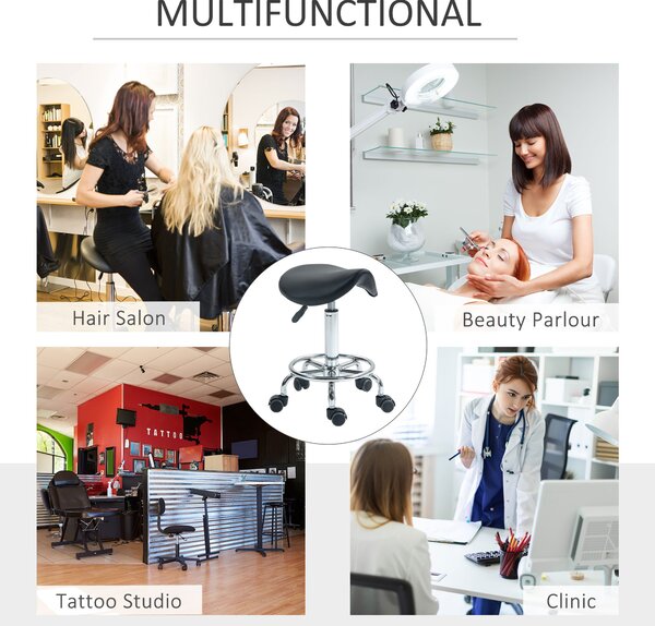 HOMCOM Salon Saddle Stool, Rolling Saddle Chair for Massage, Spa, Clinic, Beauty, Hairdressing and Tattoo, Black Aosom UK
