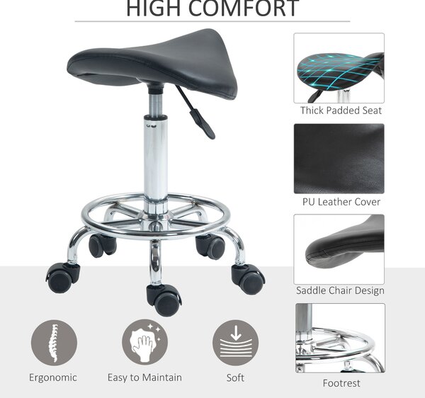 HOMCOM Salon Saddle Stool, Rolling Saddle Chair for Massage, Spa, Clinic, Beauty, Hairdressing and Tattoo, Black Aosom UK