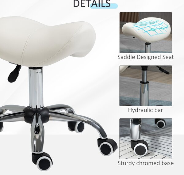 HOMCOM Cosmetic Stool 360° Rotate Height Adjustable Salon Massage Spa Chair Hydraulic Rolling Faux Leather Saddle Stool, Cream