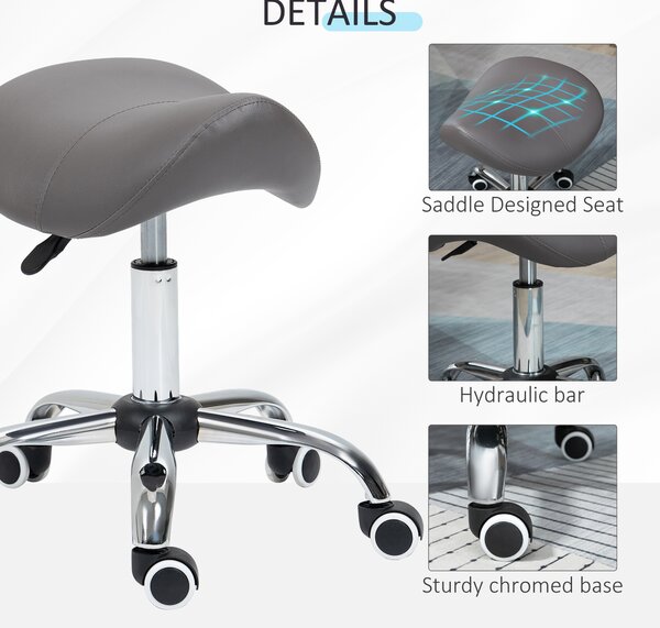 HOMCOM Cosmetic Stool 360° Rotate Height Adjustable Salon Massage Spa Chair Hydraulic Rolling Faux Leather Saddle Stool, Grey Aosom UK