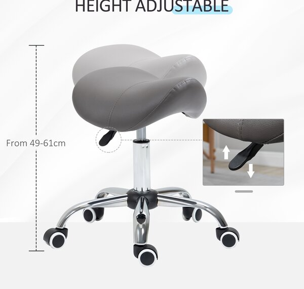 HOMCOM Cosmetic Stool 360° Rotate Height Adjustable Salon Massage Spa Chair Hydraulic Rolling Faux Leather Saddle Stool, Grey Aosom UK