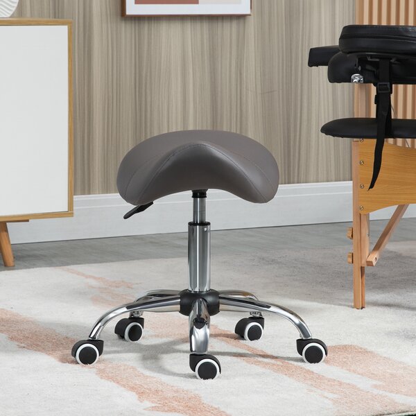 HOMCOM Cosmetic Stool 360° Rotate Height Adjustable Salon Massage Spa Chair Hydraulic Rolling Faux Leather Saddle Stool, Grey Aosom UK