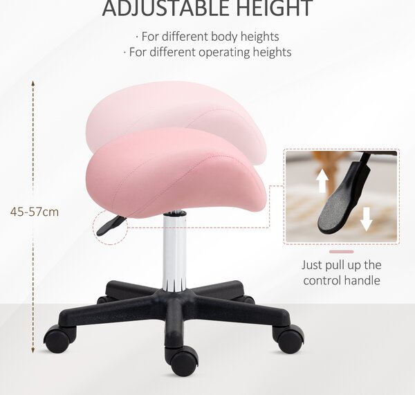 HOMCOM Saddle Stool, PU Leather Adjustable Rolling Salon Chair with Steel Frame for Massage, Spa, Beauty and Tattoo, Pink