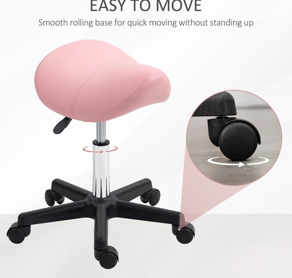 HOMCOM Saddle Stool, PU Leather Adjustable Rolling Salon Chair with Steel Frame for Massage, Spa, Beauty and Tattoo, Pink