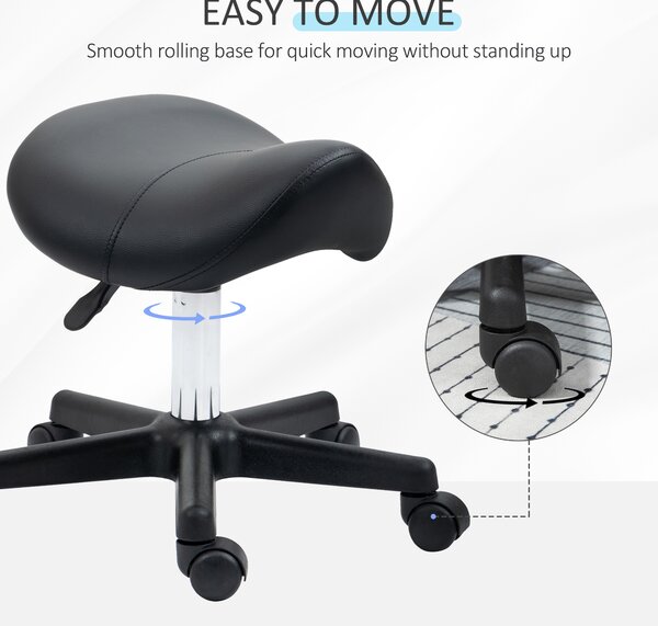 HOMCOM Saddle Stool, PU Leather Adjustable Rolling Salon Chair with Steel Frame for Massage, Spa, Beauty and Tattoo, Black