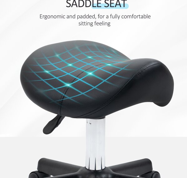 HOMCOM Saddle Stool, PU Leather Adjustable Rolling Salon Chair with Steel Frame for Massage, Spa, Beauty and Tattoo, Black