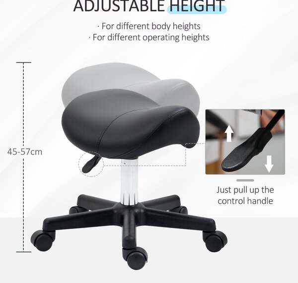 HOMCOM Saddle Stool, PU Leather Adjustable Rolling Salon Chair with Steel Frame for Massage, Spa, Beauty and Tattoo, Black