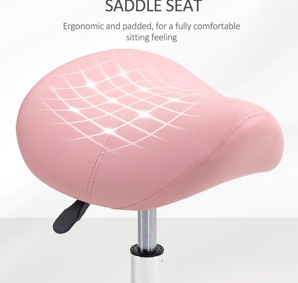 HOMCOM Saddle Stool, PU Leather Adjustable Rolling Salon Chair with Steel Frame for Massage, Spa, Beauty and Tattoo, Pink