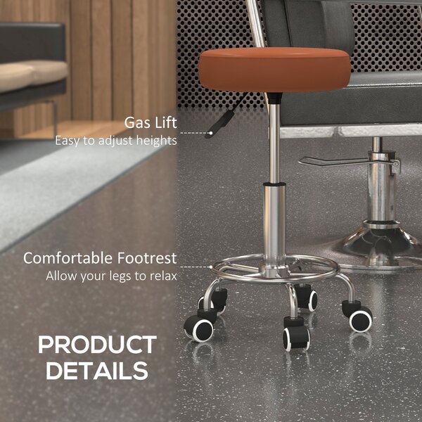 Vinsetto PU Leather Rolling Stool, Height Adjustable Stool Chair with Wheels for Salon, Massage, Spa, Brown Aosom UK